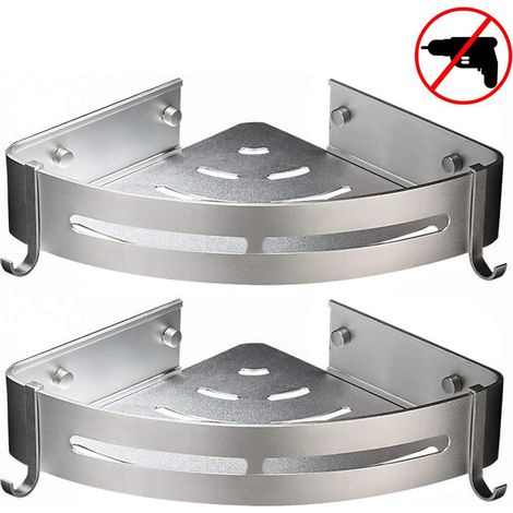 Étagère d'angle de douche, panier de douche en aluminium, étagères de salle de bain - Adhésif puissant (sans perçage), crochets amovibles, panier de rangement suspendu en aluminium antirouille (1/4)