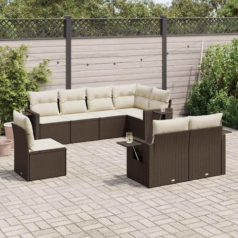 Ensemble salon de jardin 8 places en résine tressée marron avec coussins blanc crème  Sièges modulaires avec table d'appoint  Housses lavables (1/4)