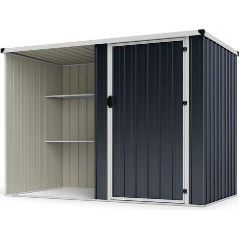 Abri de Jardin Divisé à Toit Incliné en Métal 4,08 m³, Cabane de Jardin avec 2 Étagères Ouvertes et Compartiment à Porte Verrouillable, 232x126x161cm (1/5)