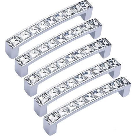 Lot de 5 poignées modernes décorées en cristal, 10 cm de long Poignée de tiroir en alliage de zinc (trou central de 9 cm), argent clair, avec strass en verre, pour commode, placard, penderie (1/5)