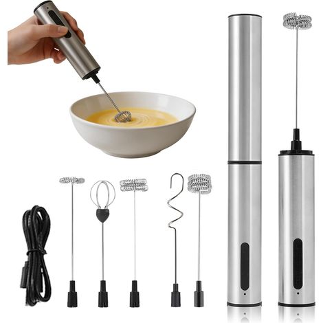 Mousseur à Lait Électrique, Mousseur de Lait 3 Vitesses, Mixeur USB Rechargeable 800mAh, Acier Inoxydable, 5 Accessoires (1/5)