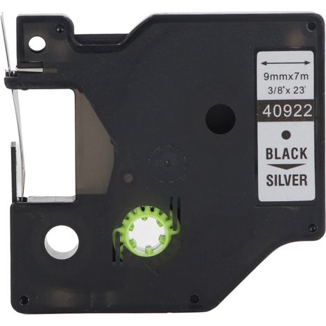 Ruban d'étiquettes 9mm de rechange pour DYMO160, DYMO210D, DYMOPNP, DYMOPL200 et DYMOLM280 - Bande adhésive laminée noir sur fond argenté (1/5)