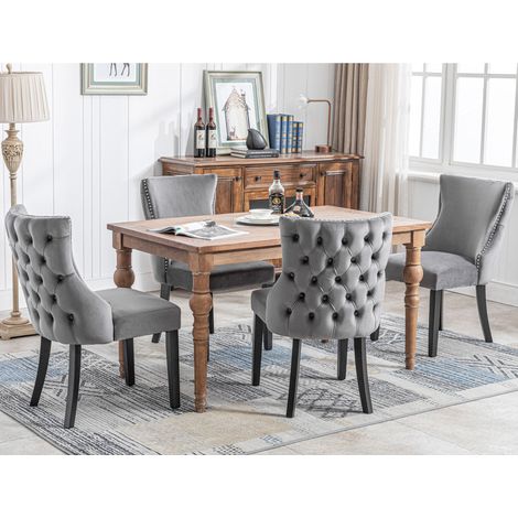 Silla de comedor de terciopelo gris con estructura de madera maciza, respaldo capitoneado, 50 cm (1/5)
