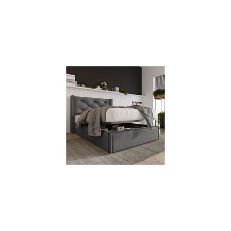 Lit coffre 90x200 cm Lit coffre capitonné avec tête de lit capitonné et sommier à lattes en métal, en coton, gris, sans matelas (1/5)