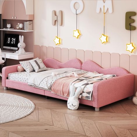 Lit convertible teddy 90x200 cm rose, canapé-lit avec dossier et accoudoirs, lit d’appoint multifonction enfant (1/5)