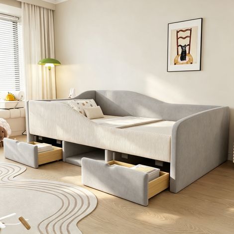 Lit enfant 90x190 cm avec 2 tiroirs, protections latérales, en velours, gris (1/4)