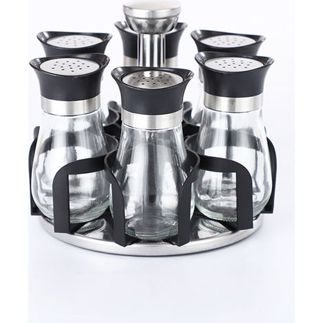 Filiyano-Étagère à épices avec 6 pots, plateau tournant à 360°, acier inoxydable, verre, H x P 16 x 17,5 cm, carrousel, argent/noir (1/5)