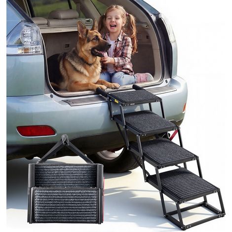 VEVOR Escalier pour Chien Voiture 4 Marches pour Chien Pliables pour SUV, Camions, Lits Hauts, Canapes, Animaux de Compagnie Charge 90,72 kg, avec Surface Antiderapante, Extra-large, Portable, Leger