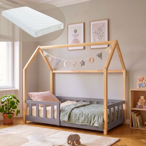 Hausbett Hesel mit Matratze und Rausfallschutz 70x140 cm Grau/Natur [en.casa] (1/5)
