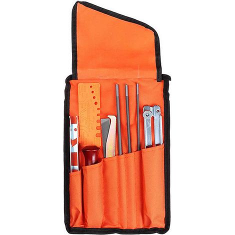 Lot de 10 outils affûtage scie à chaîne électrique : 3 limes rondes 5/32, 3/16, 7/32 po, lime plate, manche bois, guide, jauge profondeur, contrôle rapide, nettoyeur rail, étui (1/5)