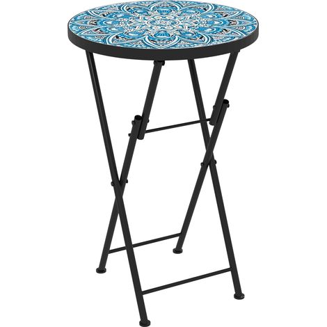 Beistelltisch klappbar Gartentisch mit Mosaik-Design, Ø35,5 x 55 cm Rund wetterfest Balkontisch aus Metall, Campingtisch Klapptisch Kaffeetisch für Wohnzimmer Büro Outdoor Indoor, Blau Aosom