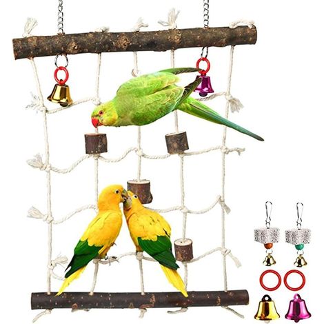 Filet à corde pour grimper aux oiseaux Échelle suspendue Blocs à mâcher en bois Cloches Pierres à mâcher (1/2)