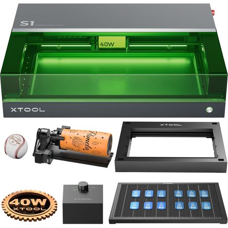 xTool S1 Graveur Découpe Laser Fermé, 600 mm/s, Positionnement Pin-Point, Autofocus, pour Bois, Métal, Cuir, Acrylique et Verre - Noir, S1 40W kit de luxe