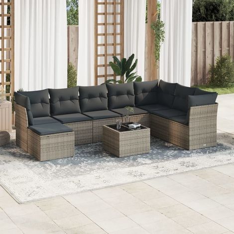 vidaXL Salon de jardin 9 pcs avec coussins gris résine tressée (1/3)