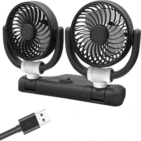 Ventilateur Auto USB - Double Tête - Rotation 360° - Alimentation 5 V - Pour Voiture Camion Van SUV Caravane - 1 Pièce
