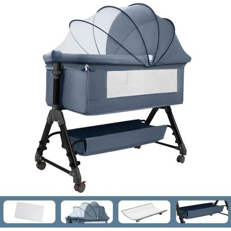 Lit Bébé Berceau Cododo pour Bébé 0-36 Mois - Hauteur Réglable - Matelas Inclus - Bleu (1/5)