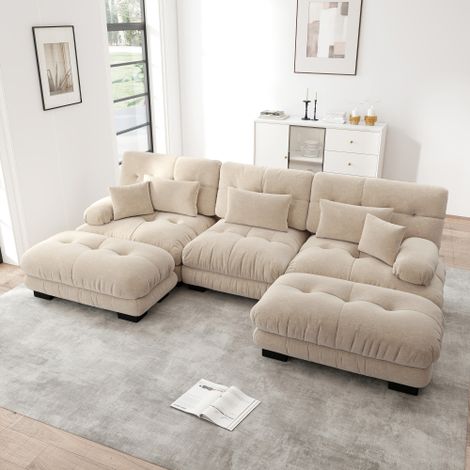 Canapé d'angle modulaire, canapé 3 places en U, canapé convertible à assise profonde avec pouf, chenille, marron clair (1/5)