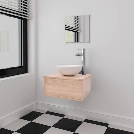 vidaXL Conjunto de muebles de baño con lavabo y grifo 4 piezas beige (1/4)