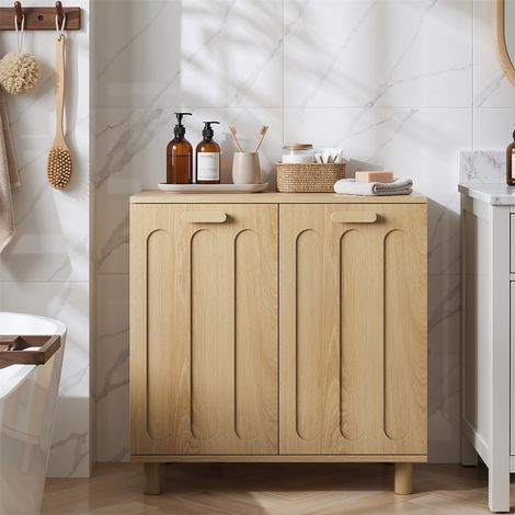 Meuble à Linge Basculant avec 2 Paniers Amovibles - 66 x 35 x 67 cm - Armoire de Rangement Salle de Bain - Chêne Naturel (1/5)