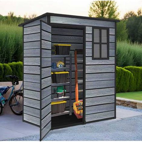 5X3FT Plastic Garden Shed Pent with Floor Window Lockable Door Wood Grain Grey (1/4)