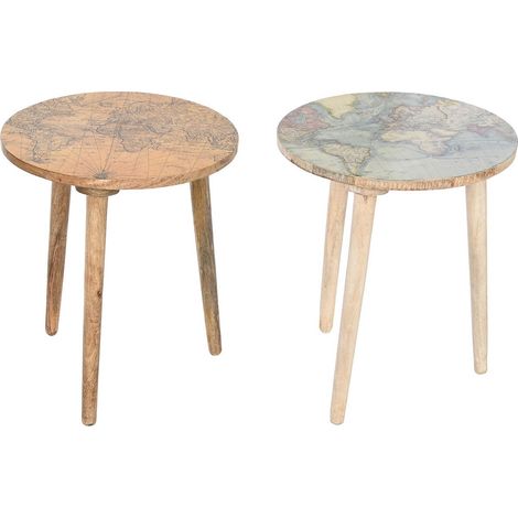 Lot de 2 tables d'appoints rondes en bois de manguier coloris naturel, blanc (1/4)
