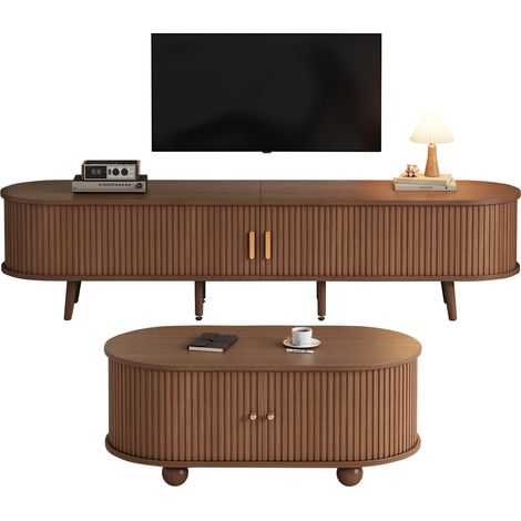 Meuble TV de salon avec rangement et table basse assortie, ensemble 2 pièces en MDF finition noyer naturel (1/5)