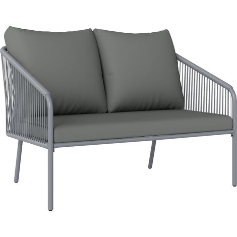 Canapé 2 Places Style Bohème avec Coussins Amovibles, Structure Acier et Rattan PE, Dimensions 112x72x76 cm, Couleur Grise