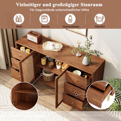 Buffet en rotin, meuble de rangement avec tiroir, armoire en bois autonome pour cuisine, salon, maison, marron, 160 x 40 x 90 cm (1/5)
