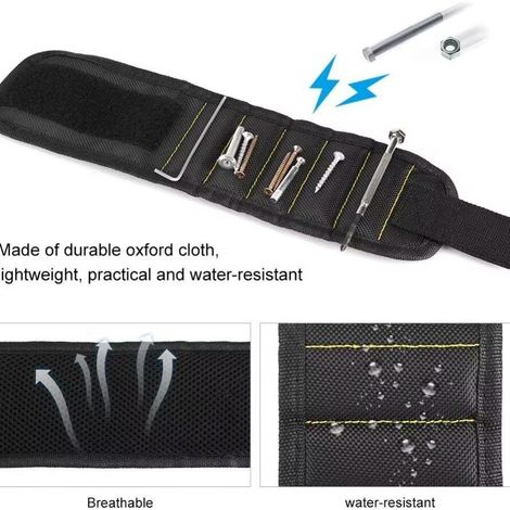 Bracelet magnétique rouge avec dos adhésif et fermeture Velcro pour outils de quincaillerie, comportant 3 rangées de 6 fermetures magnétiques.