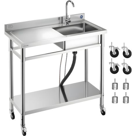 Évier cuisine utilitaire en acier inoxydable, évier professionnel cuve unique avec roulettes, robinet et tuyau d'eau chaude et froide, établi pour garage, restaurant, buanderie 1000x500x1055 mm (1/5)