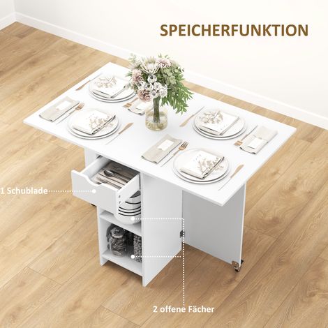 Table pliant pour 2-4 personnes, table de cuisine escamotable avec rangement, table extensible sur roulettes, Blanc (1/5)