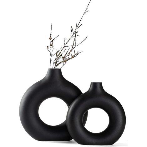 Keramikvase – Hohles Donut-Design – Mattschwarz – Minimalistischer nordischer Stil – Für Trockenblumen und Pampasgras – 2er-Set (1/5)
