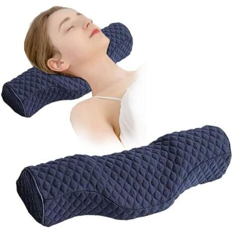 Oreiller cervical en mousse à mémoire de forme pour soulager les raideurs cervicales, pour les personnes dormant sur le côté et sur le dos (bleu) (1/4)