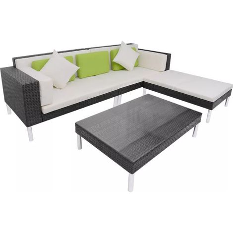 Salon de jardin modulaire 4 pièces résine noir coussins blanc et vert Sky (1/5)