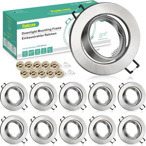 GU10 Recessed Spotlight Frames Brushed Metal Swivel, Pack of 10 Diameter 90 mm, cut-out 70-80 mm ceiling spotlight, incl. 10 x GU10 230 V, angle 30°, bulbs not included (1/5)