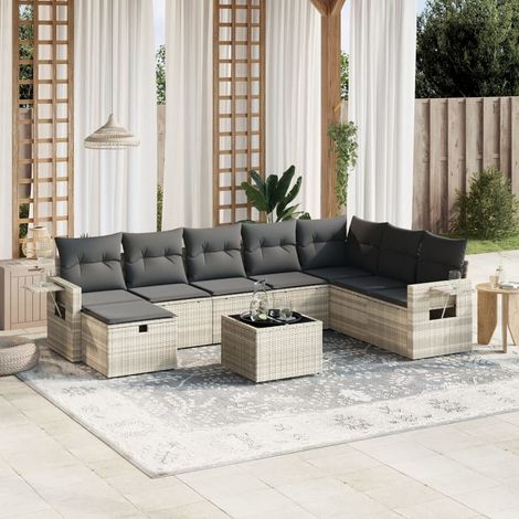 Set muebles jardín 9 pzas y cojines ratán sintético gris claro vidaXL (1/4)