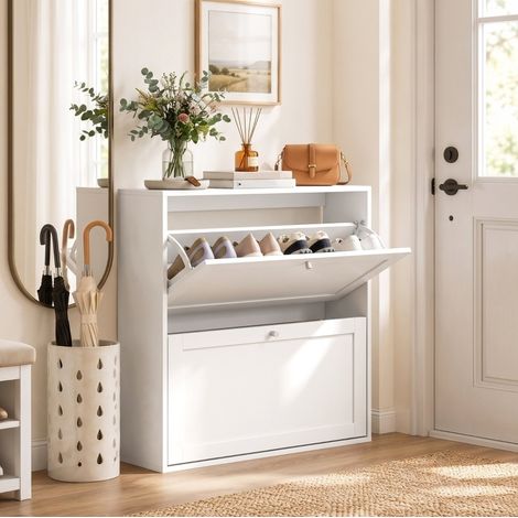 Mobile portascarpe 80x20x84 cm in legno bianco, 8 paia, per ingressi stretti – MEUBLIV (1/5)
