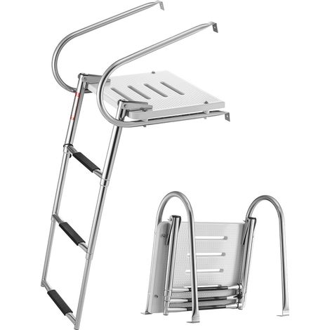 Échelle de bateau 3 marches, inox télescopique pliable, pour pont arrière, capacité 181 kg, marches antidérapantes larges et rampes, adaptée hors-bord, yacht, ponton. (1/5)