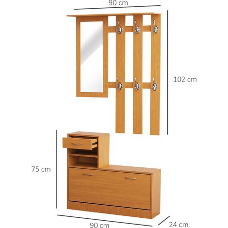 Ensemble de meubles d'entrée modernes avec étagère à chaussures et miroir, 6 crochets, 2 étagères réglables, vestiaire avec coffre en bois, 90 x 24 x 166 cm, bois (1/5)