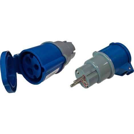 Adaptador schuko macho a cetac hembra, 2p+t, 250 v 16 a, azul y gris