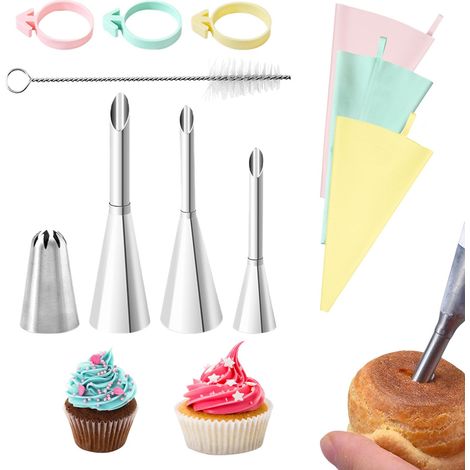 Lot de 11 poches à douille avec douilles, 4 douilles avec anneaux en silicone, 3 poches à douille réutilisables avec 1 brosse de nettoyage, ensemble de douilles en acier inoxydable pour glaçage à (1/5)