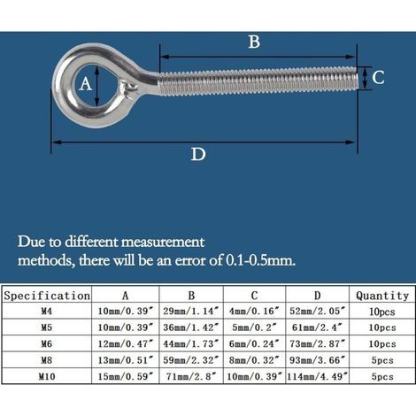 M6-Ösenschrauben, 10 Stück, Edelstahl 304 A2-70, Ringschrauben, Gewindestangenschrauben, Ösenschrauben zum Befestigen und Aufhängen (1/4)