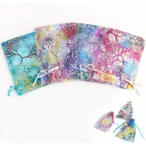 Sacs En Organza,100pcs 7x9cm Cordon De Serrage Coloré Motif Corail Petits Sacs En Organza,Pochette à Bijoux,avec Cordon Ruban Cadeau Emballage Faveur Invités,T-Audace (1/5)