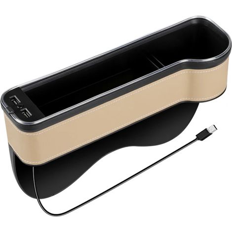 (Beige droit 1 pièce) Organisateur de voiture avec LED colorées, combleur d'espace pour siège auto, double port USB de charge, boîte de rangement en PU avec porte-gobelet.