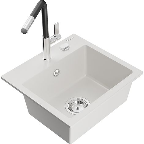 Mexen Milo lavello in granito a 1 vasca con miscelatore da cucina Flora, bianco - 6505-20-670401-07 (1/5)