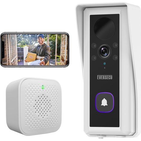 2K-Funk-Video-Türklingel, 2,4-GHz-WLAN-Smart-Überwachungskamera, Bewegungserkennung, Zwei-Wege-Video-Gegensprechanlage, Nachtsicht, IP65 wasserdicht, kompatibel mit Alexa, SD-Karte/Cloud-Aufzeichnung