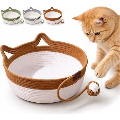 Panier-lit pour chats Instinct, tissé à la main, griffoir lavable, nid en corde de coton, coussin rond marron intégré pour animaux (1/5)