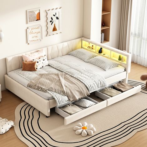 letto contenitore 140x200 LED USB beige salvaspazio HAVRYA (1/5)