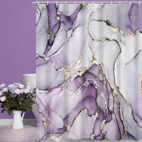 Rideau de Douche, 150x180cm, Ombre Violet avec Or Art Abstrait Moderne Marbre Tissu Imperméable Rideau de Salle de Bain Lavable en Machine avec Crochets (1/5)