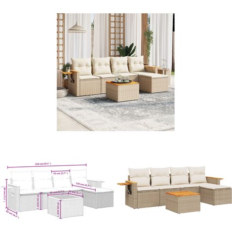 6-tlg. Garten-Sofagarnitur mit Kissen Beige Poly Rattan - Gartenmöbel Set - Gartensorte - Lounge Möbel - Outdoor Sofa - Rattan Gartenmöbel - Home & Living (1/3)